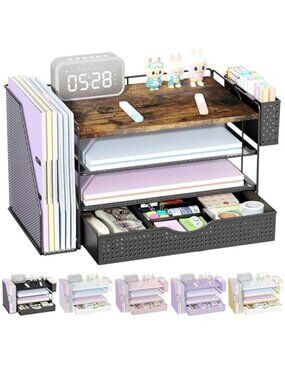 Wood Desktop Organizer Multi Tier Office Storage Rack Pen Holder Drawer Tray
